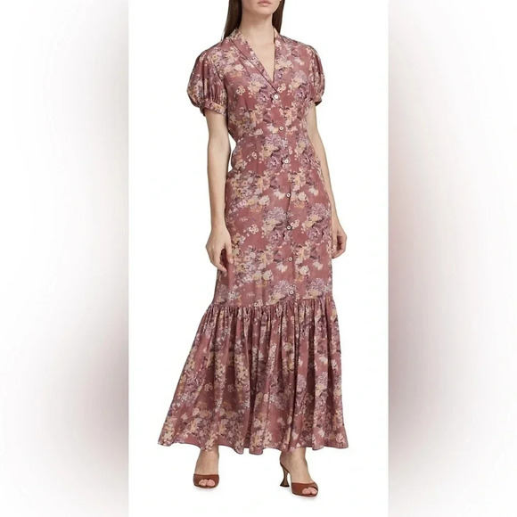 NWT CAROLINE CONSTAS Nancy Floral Silk Puff-Sleeve Maxi Dress Ex Small Authentic - Picture 3 of 16